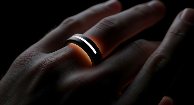 Futuristic smart ring glows with soft light on finger, modern tech concept
