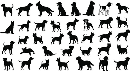 Collection of dog breed silhouettes set, black animal shapes isolated on white background, pet vector icons pack for design illustration