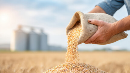 A farmer's hand pours grains into a field, showcasing the essence of harvest and agricultural productivity.