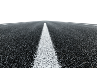 Asphalt road stretches ahead; white line dividing lanes