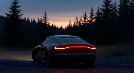 Sleek electric car with glowing taillights in a serene forest at dusk