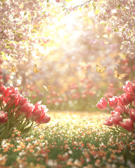 A Beautiful Garden with Tulips, Butterflies, and Blossoming Flowers. A vibrant spring garden with colorful tulips, butterflies, and blooming flowers.