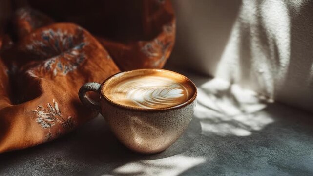 A ceramic cup of latte with a leaf rosette art on a gray surface, beside a brown patterned cloth.