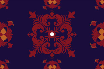 Traditional Thai Floral Pattern in Red and Gold on Dark Blue Background