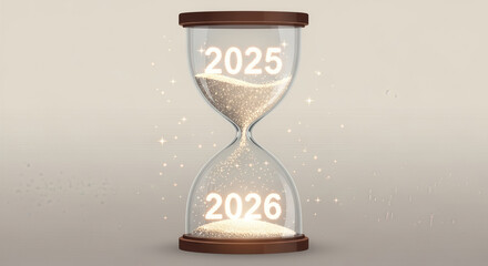 Closeup of antique sandglass hourglass with flowing sand for time concept of 2025 to 2026  deadline and future expectation