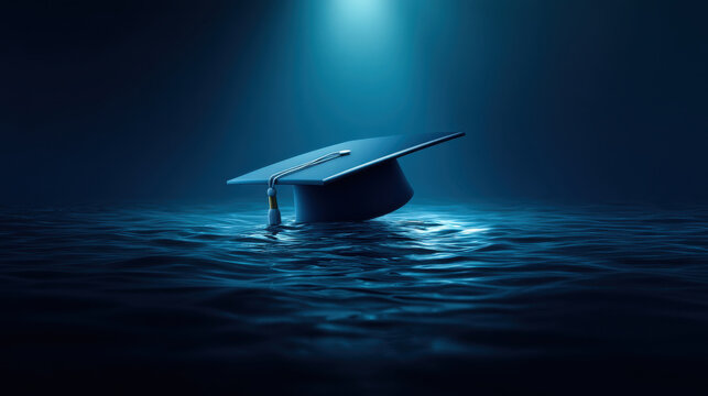 A graduation cap floating on water, symbolizing achievement and the transition into new beginnings. - Powered by Adobe