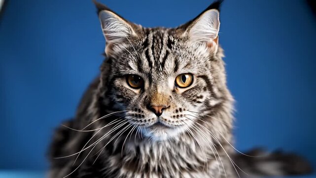 Sleek studio cat sitting comfortably on bright blue chair surrounded by soft blue blanket conveying peacefulness and tranquility perfect for commercial use cases such as advertising relaxation.