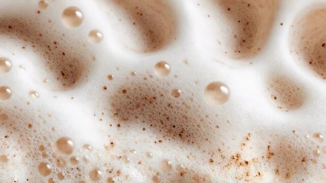 Close-up of frothy milk foam with brown specks, like a cappuccino topping.