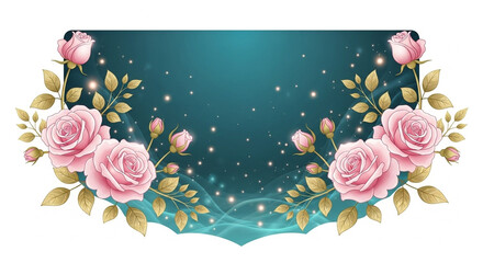 Elegant Pink Roses and Golden Leaves Frame with Sparkles.