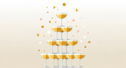 Vector illustration of a happy new year celebration party with two glasses of champagne and wine drinks