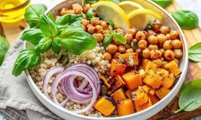 Nutritious grain bowl with chickpeas squash basil and lemon slices