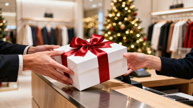 Hands exchanging a beautifully wrapped gift box with a red ribbon at a retail counter, surrounded by festive holiday decorations and atmosphere