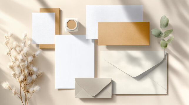 Stylish stationery mock up featuring blank envelopes, cards, and decorative elements on a soft background with natural light and shadows