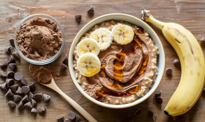 Oatmeal bowl with banana and chocolate chips for healthy breakfast