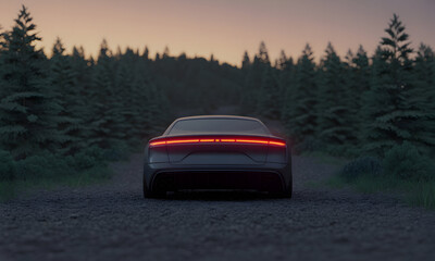 Obraz premium Sleek electric sedan drives down forest road at dusk with glowing taillights