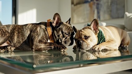 Five dogs, stylishly posed, rest their heads on each other, paws gently touching glass, exuding serene wellness and contentment, perfect for pet related products, lifestyle brand advertising.