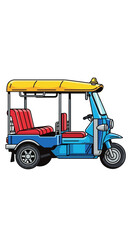 Fototapeta premium Blue and yellow tuk-tuk three-wheeled vehicle with red seats isolated on white.