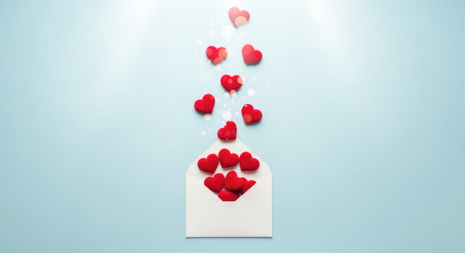 Envelope overflowing with red hearts on a soft blue background, symbolizing love and affection, perfect for romantic occasions and celebrations