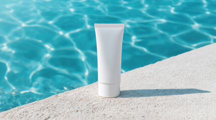 A sleek white tube of sunscreen resting on a poolside, reflecting summer vibes and skincare essentials.