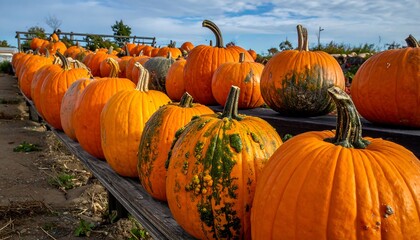 Rows of Pumpkins at a Pumpkin Patch on a Fall Day.