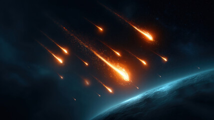 A spectacular view of meteors streaking through space, illuminating the darkness with fiery trails.