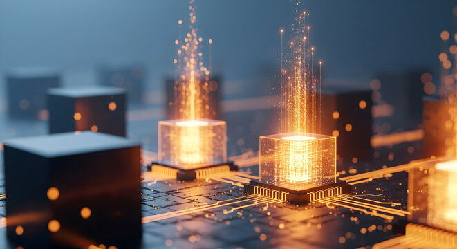 Dynamic digital data flow powering futuristic technology systems with glowing circuits