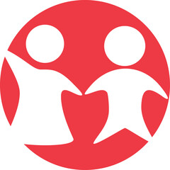 Graphic symbol of two stylized figures holding hands inside a red circle on a transparent background representing unity and partnership