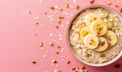 Oatmeal bowl with banana slices pistachios and honey healthy breakfast food