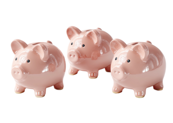 Three pink, ceramic piggy banks sit against a black backdrop