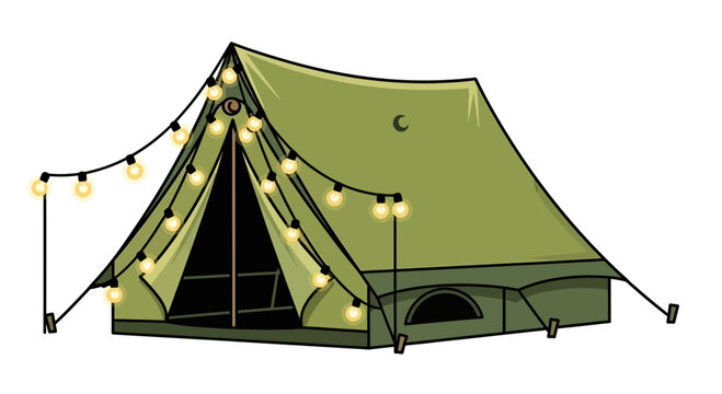 Green tent with string lights illustration on white background.