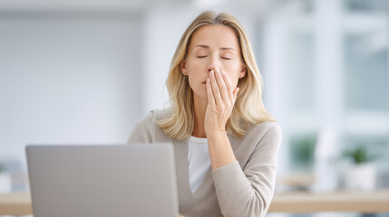 A woman sitting in front of a laptop, expressing fatigue and stress while working or studying from home.