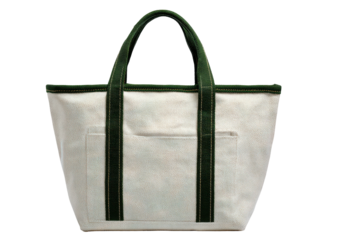 Green-trimmed off-white canvas tote bag with front pocket