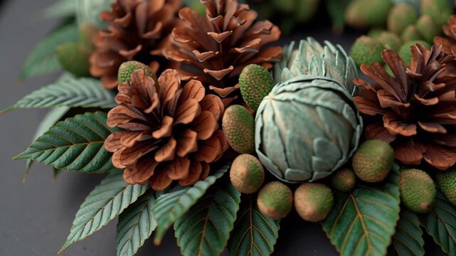 Eco friendly Christmas decoration featuring natural pine cones green leaves seed pods and green foliage arranged festive wreath with rustic charm
