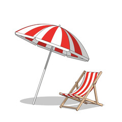 Beach umbrella and chair with red and white stripes on white background.