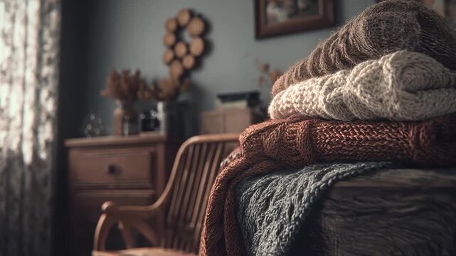 Cozy warm knitted blankets stacked near rustic wooden chair in natural light creating inviting festive atmosphere with eco friendly decoration indoors