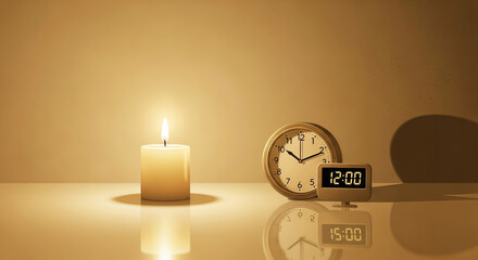 New Year clock with Christmas candles glowing in the dark, a warm holiday celebration light