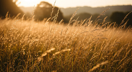 Wild field of grass on sunset, soft sun rays. Beautiful abstract closeup of golden dried meadow grass. Abstract natural background. Natural beige background.