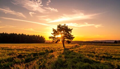 Golden Hour Serenity - A Lone Tree Bathed in Sunsets Warm Embrace.