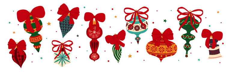 Christmas tree decorations,a set of Christmas tree ornaments with red bows on a white background. Retro Christmas tree decorations. Vintage New Year's decorations. 