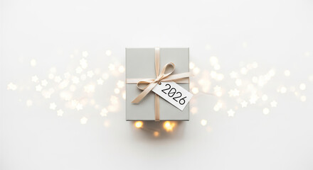 A small gold ring gift box for 2026 with a red ribbon bow on white background for valentine wedding or anniversary celebration