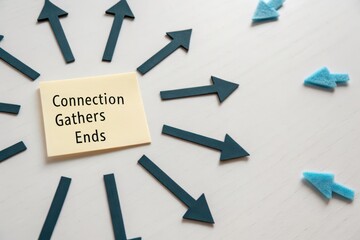 Flat lay of arrows pointing towards a sticky note about connection and ideas