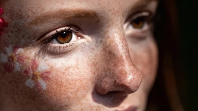 Close-up of a freckled woman with daisies painted on her cheek and a pink flower tucked into her hair.