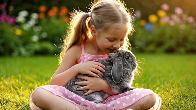 A young girl tenderly holding a soft gray and white rabbit, conveying innocence, nurturing, and playful friendship, effectively capturing the concept of gentle companionship and the joy of.
