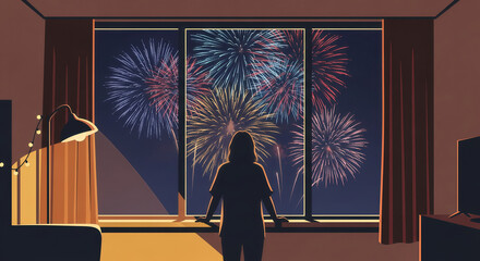 silhouette of women seeing through the window looking at the new year fireworks celebration