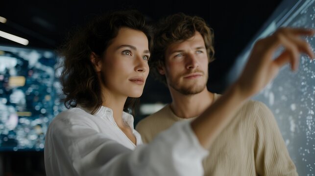 Startup founders collaborating on pitch deck with AI-powered predictive market insights in holographic display — concept of entrepreneurial teamwork, futuristic business strategy, and