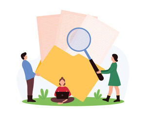Document flow and digital project organization, paperwork. Tiny people search data report in archives, work with magnifying glass on open folder in database system cartoon vector illustration