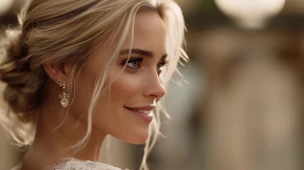 A bride with an elegant updo, lace dress, and dangling earrings, smiling softly as she looks to the side.