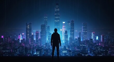 Silhouette of a person standing against a futuristic cityscape at night.
