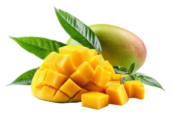 Cut mango with leaves, whole mango behind. Beautiful fruit