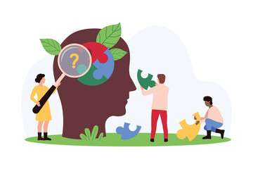 Mental health, medical support in brain disorders of patient, memory loss and dementia. Tiny people study puzzle inside silhouette of human head, help to find lost piece cartoon vector illustration
